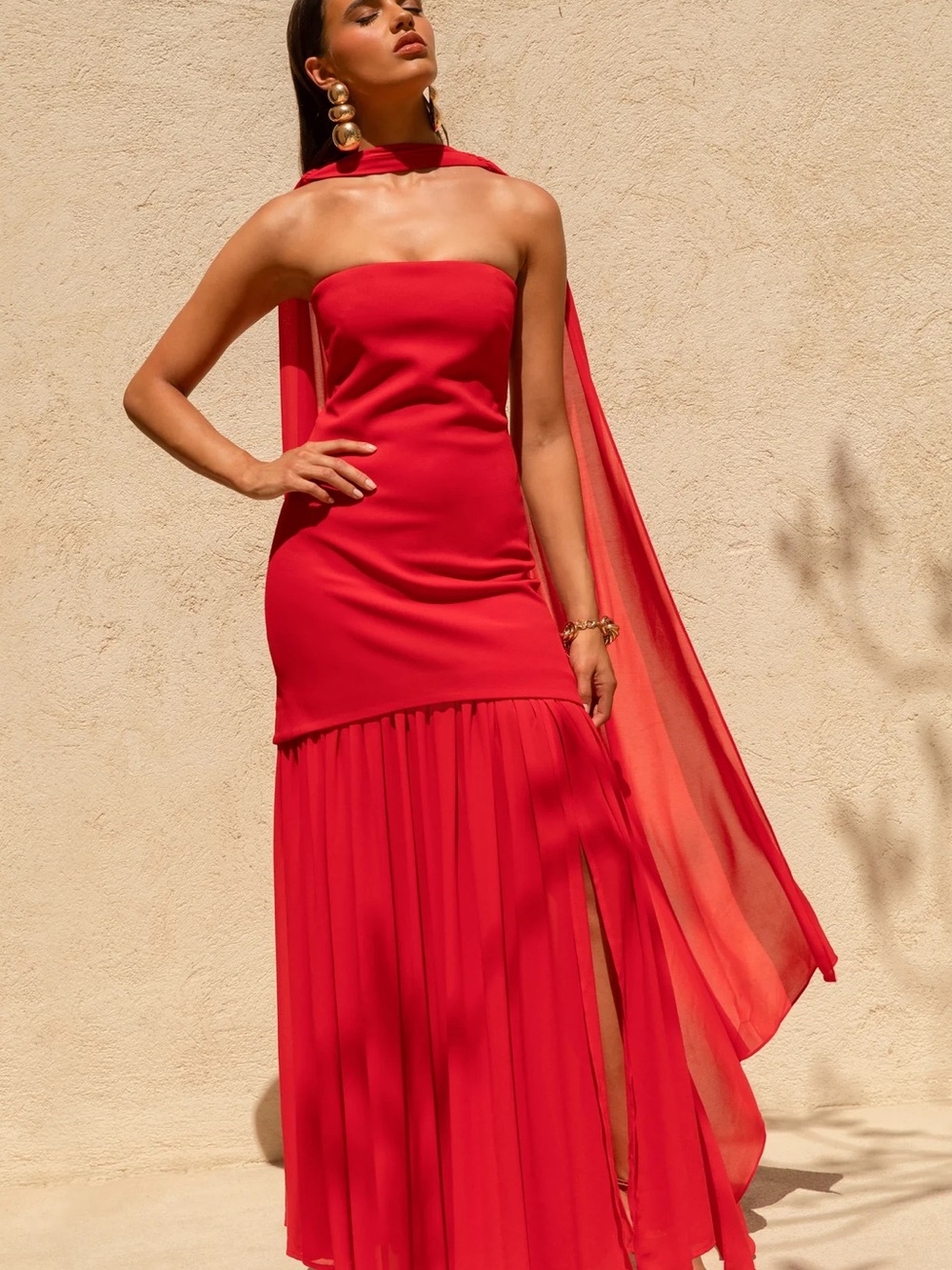 Club L London Strapless Red Maxi Dress with Draped Scarf - Picture 4 of 6